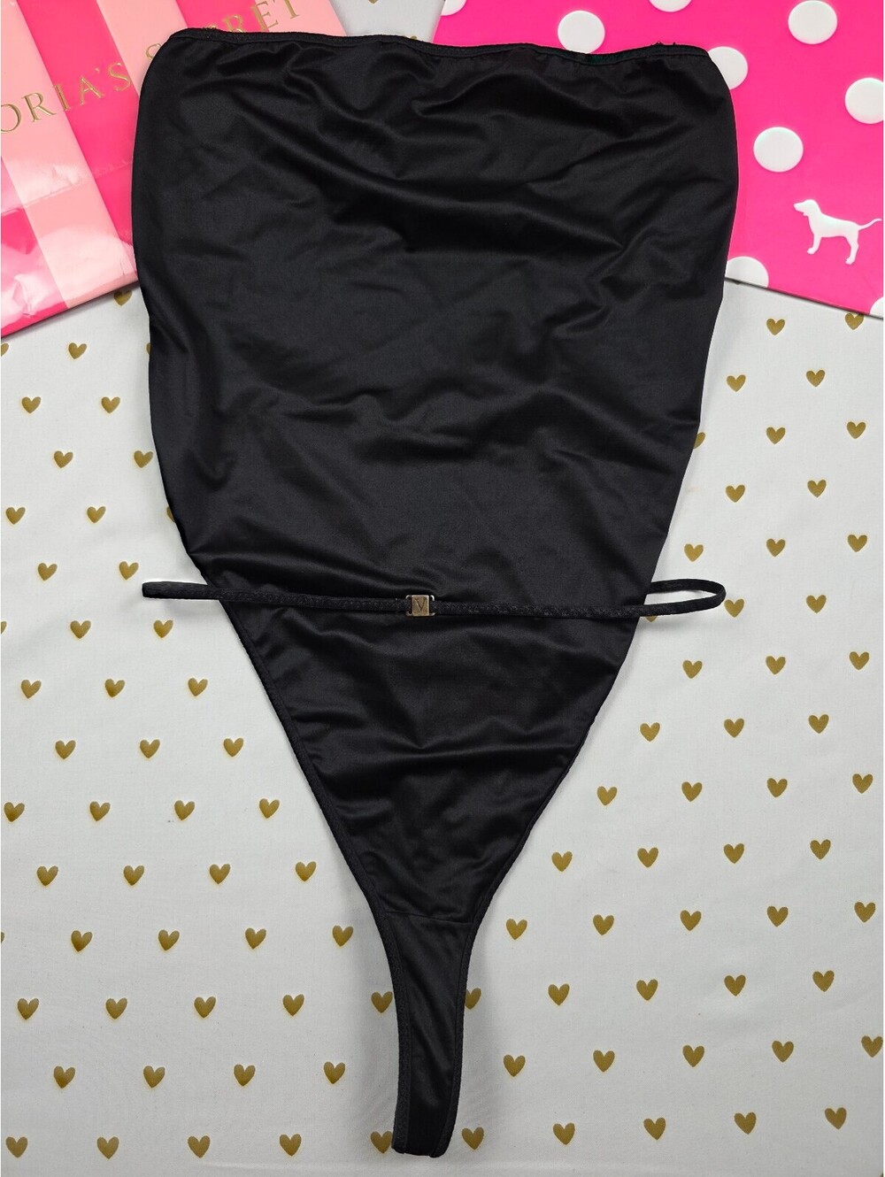Vintage 2000 Victoria's Secret Black Thong Bodysuit M High Cut Y2K Logo
